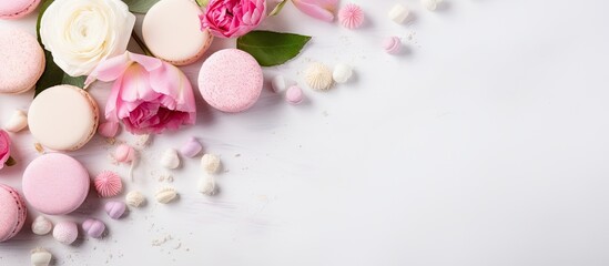Handcrafted marshmallow flowers on a bright backdrop Women s day Valentine s day theme Space for text