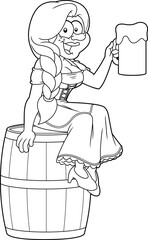 Outlined Woman Cartoon Character In Traditional Bavarian Clothes Sitting On A Barrel And Holding A Beer Glass. Vector Hand Drawn Illustration Isolated On Transparent Background