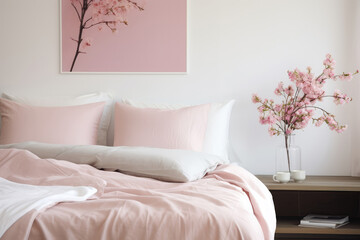 Modern Room With Pillow Bed With Pink Cotton Linens Closeup . Сoncept Room Styling, Pillow Beds, Cotton Linens, Pink Color Palette