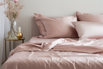 Modern Room With Pillow Bed With Pink Silk Linens Closeup . Сoncept Pillow Bed Comfort, Soft Luxury Linens, Modern Room Design, Pink Silk Home Decor