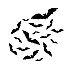 Flying bats. Halloween creepy swarm. Horror, spooky silhouettes