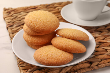 Delicious Danish butter cookies on table, closeup