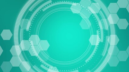 Green background with hexagons and rotating HUD elements. Technological interface with copy space. Looped motion graphics. - Powered by Adobe
