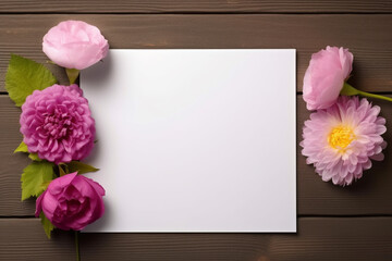 Flowers and blank card on wooden background. Top view with copy space