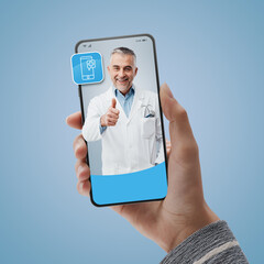 Online medical service: doctor giving advice on video call