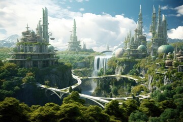Fantasy Landscape with Skyscrapers and Waterfalls. advanced green energy in urban landscapes, AI Generated - obrazy, fototapety, plakaty