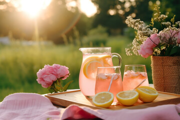 Two glasses of lemonade on a wooden tray in the garden.