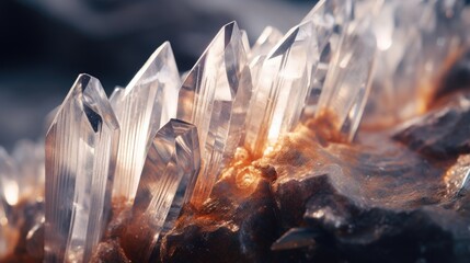 Clear quartz like crystal cluster points, brilliant translucent clarity, faceted light shine, crystalline mineral embedded into rock - generative AI    - obrazy, fototapety, plakaty