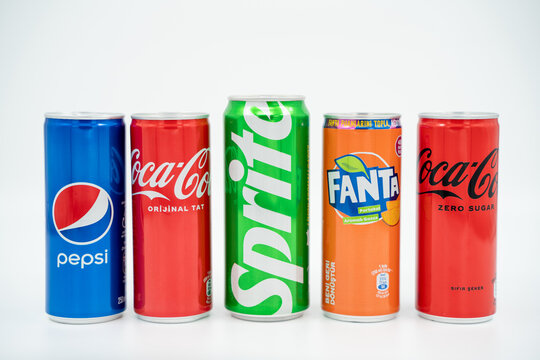 Group of most popular brands of soda drinks in aluminum cans isolated on white. Brands included in this group are Coca Cola, Pepsi, Sprite, Fanta. Ankara, Turkey - September 1, 2023.