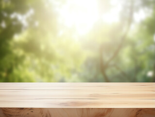 Abstract blank wooden tabletop over blurred green plant in garden background with morning sunlight