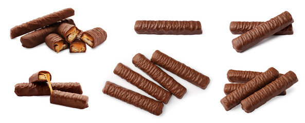 Collage with chocolate bars isolated on white