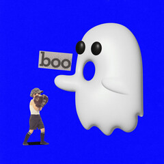 Photo collage. Contemporary artwork. Minimal picture of scary strange monster catching boy in boxing glover shouting boo isolated vivid blue background.