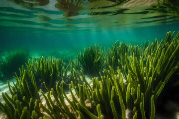 Fototapeta na wymiar View from underwater of a section of seafloor with green seagrass. superior photograph generative AI