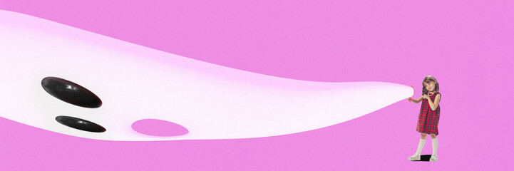 Contemporary art collage. Ghost little girl dressed vintage fashion outfit with mirror vacuuming scared ghost isolated pink background.