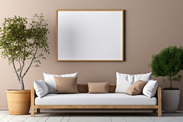 Modern Scandinavian Elegance Sofa, Potted Tree, and Blank Mock-Up Poster Frame on Beige Wall—Stylish Living Room Interior Design. created with Generative AI