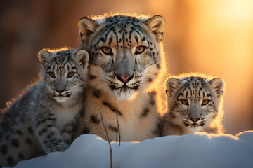 Snow leopard (Panthera uncia) with cubs