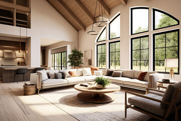 Fototapeta premium Rustic Charm meets Modern Elegance Interior Design of Farmhouse Living Room with Vaulted Ceiling. created with Generative AI