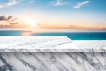 pedestal made of white marble with a background of the ocean superior photograph. generative AI 