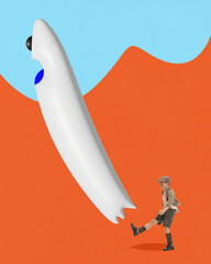 Contemporary art collage. Angry little boy dressed retro outfit kicks with leg huge drawn scared...