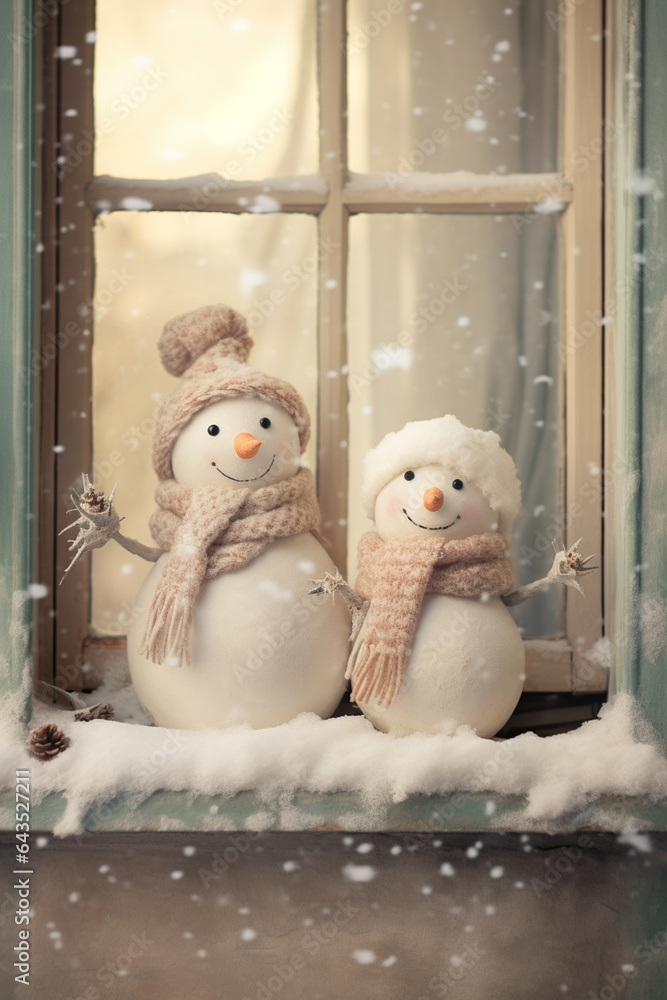 Poster a pair of snowman standing near a windowsill, Generative AI technology.
