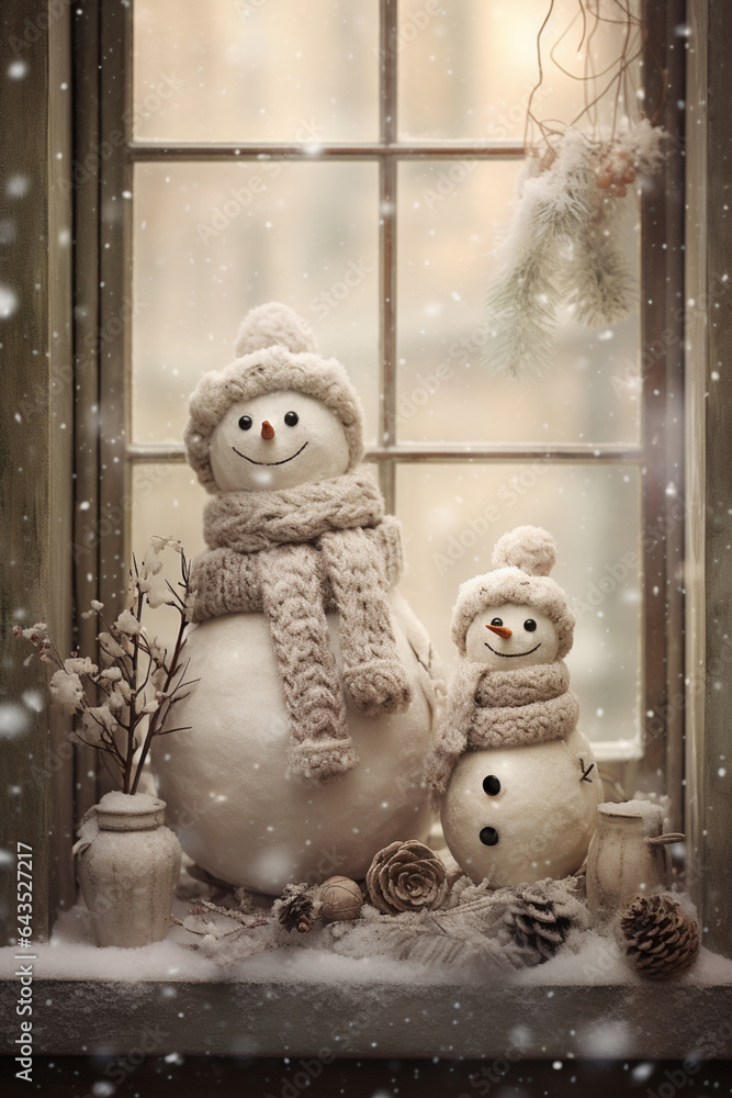 Poster a pair of snowman standing near a windowsill, Generative AI technology.