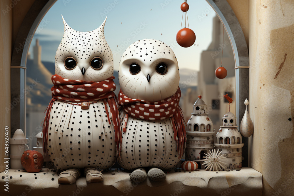 Poster a pair of snowman standing near a windowsill, Generative AI technology.
