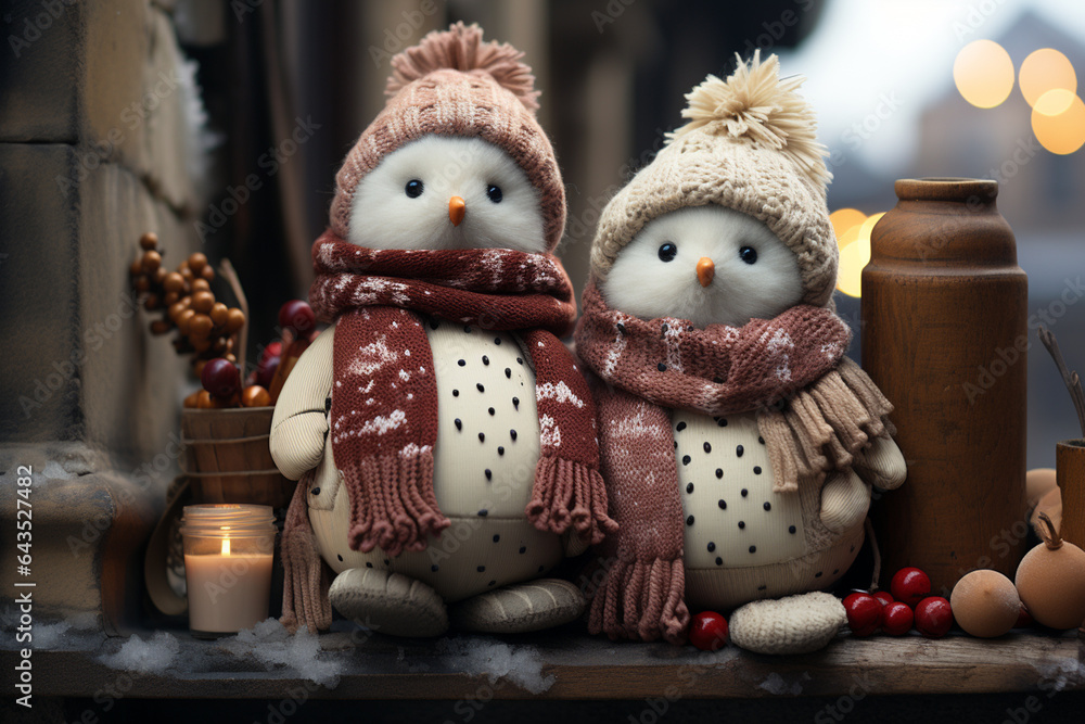 Poster a pair of snowman standing near a windowsill, generative ai technology.