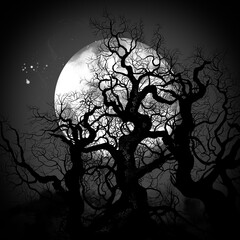 Scary dry old tree, Moon and starry sky - digital and watercolour artwork. Modern art-deco. Halloween background.  