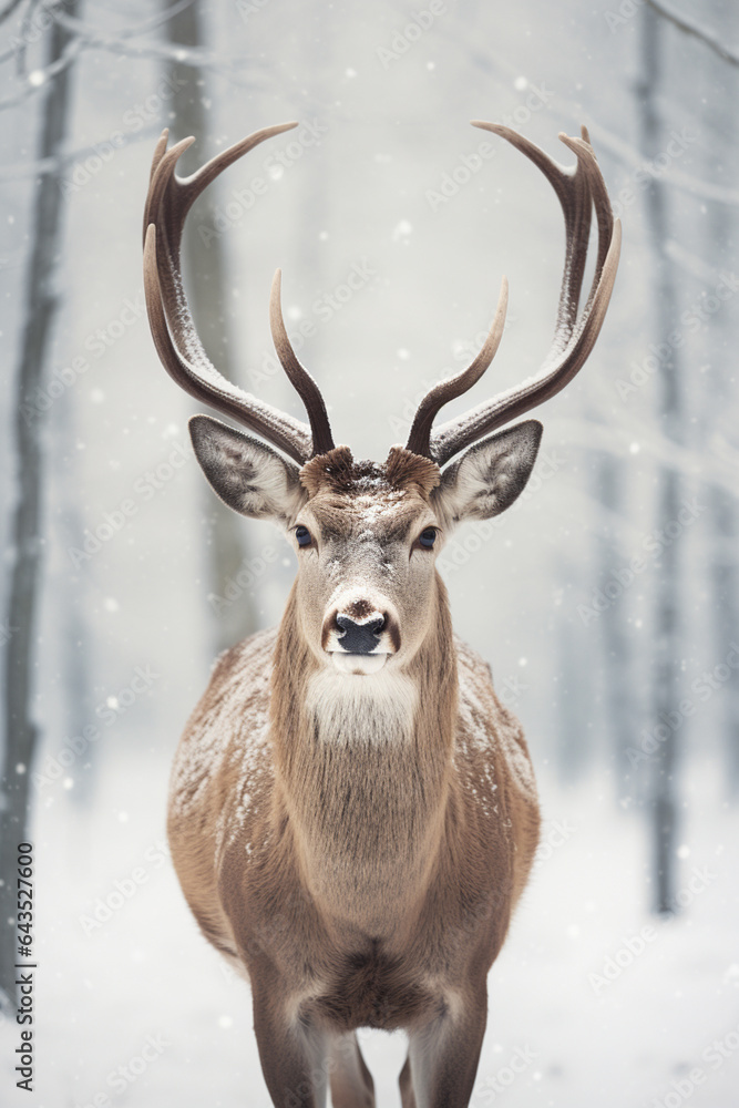 Poster a deer is caught in the snow and the rest of the scenery, Generative AI technology.