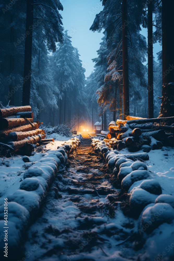 Poster large logs of wood in snow piled up on road towards, generative ai technology.