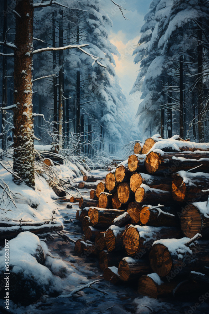 Poster large logs of wood in snow piled up on road towards, generative ai technology.
