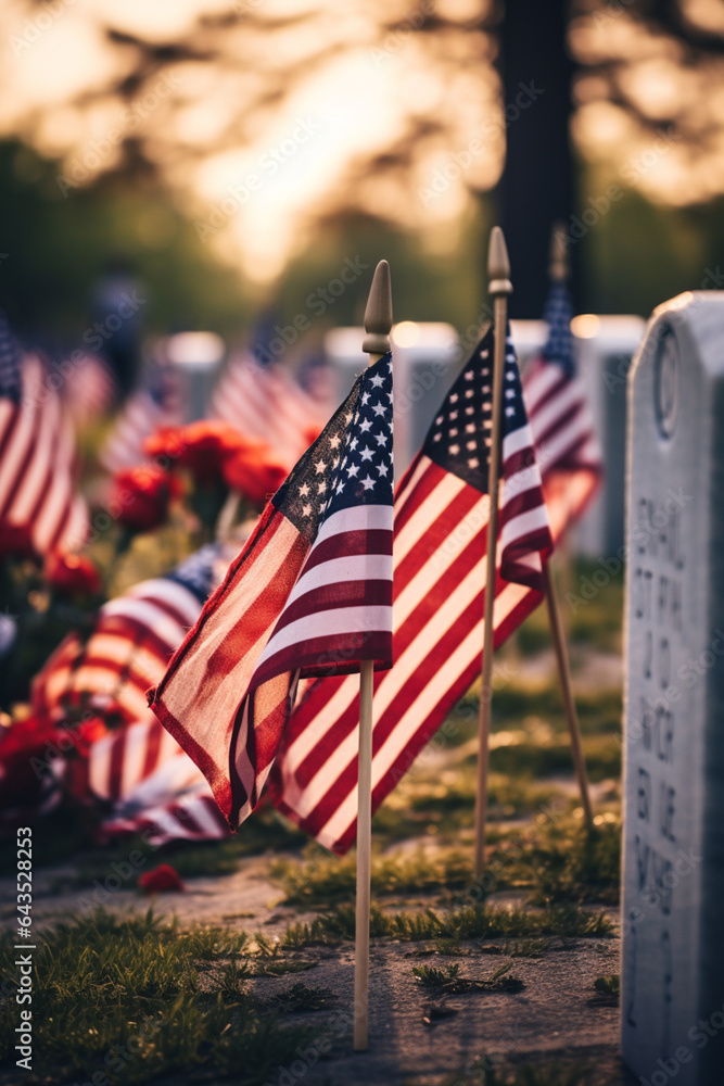 Aufkleber Rows of gravestones at a veterans cemetery adorned with flags and flowers. Generative AI technology.