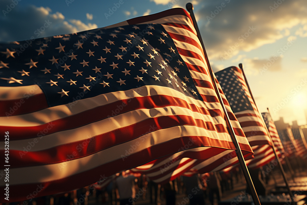 Aufkleber Rows of American flags waving in the wind to honor veterans.  Generative AI technology.