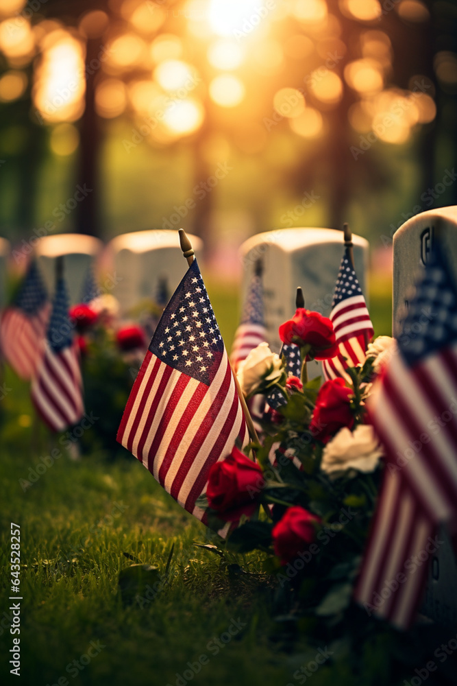 Poster rows of gravestones at a veterans cemetery adorned with flags and flowers. generative ai technology.