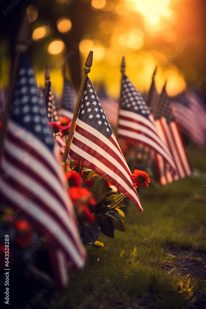 Poster rows of gravestones at a veterans cemetery adorned with flags and flowers. generative ai technology.
