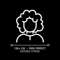 2D pixel perfect editable woman with curly hair white icon, isolated vector, haircare thin line simple illustration.