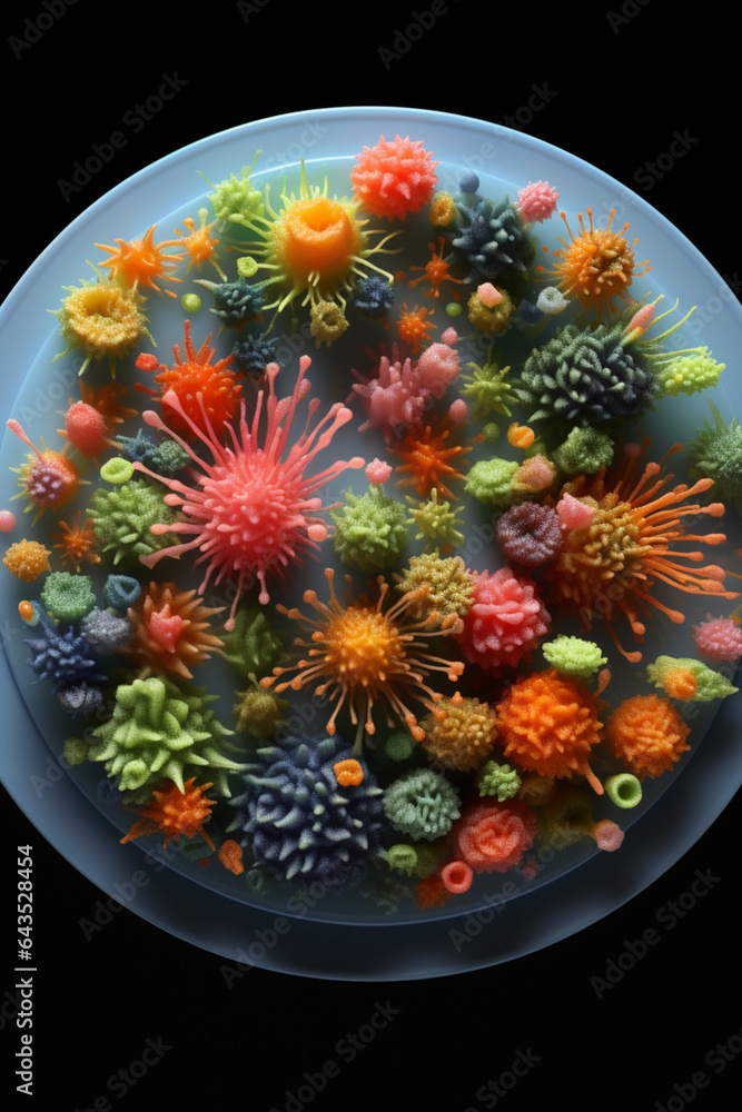 Poster a multicolored plate of bacteria on top of an empty plate, Generative AI technology.