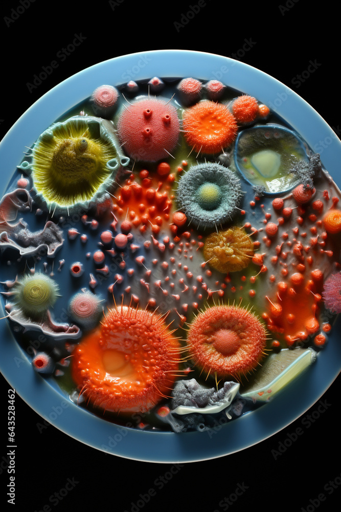 Poster a multicolored plate of bacteria on top of an empty plate, Generative AI technology.