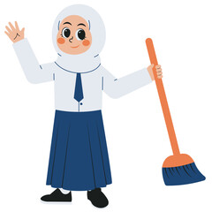 Female Student Holding A Broom Illustration