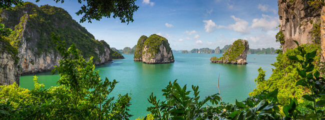 View through tropical foliage to tranquil bay with islands and mountains at Ha Long Bay in Vietnam