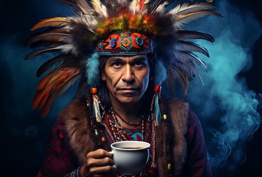 Portrait of an American indian man with a cup of coffee.