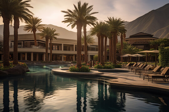 Opulent thermal spa facility flanked by swaying palm trees with majestic mountains painting a picturesque backdrop