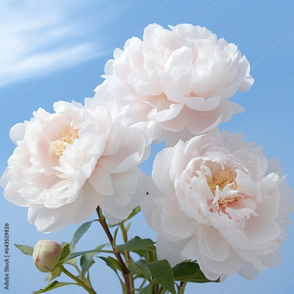 Poster white minimal Paeonia sky backdrop pastel Generative AI technology.