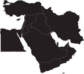 BLACK CMYK color detailed flat stencil map of the region of MIDDLE EAST (with country borders) on transparent background
