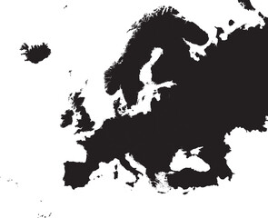 BLACK CMYK color detailed flat stencil map of the continent of EUROPE on transparent background