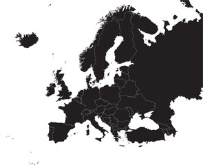 BLACK CMYK color detailed flat stencil map of the continent of EUROPE (with country borders) on transparent background