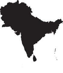 BLACK CMYK color detailed flat stencil map of the subcontinent of SOUTH ASIA on transparent background