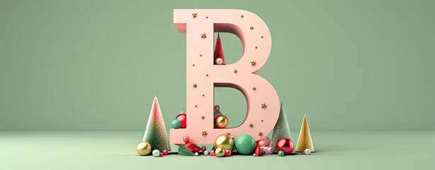 capital letter B christmas card with christmas balls, pastel green / mint background, logo