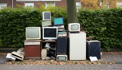 Old antiques and retro collectibles memorabilia dumped in a huge pile. Garage sale, attic room storage conceptual still life