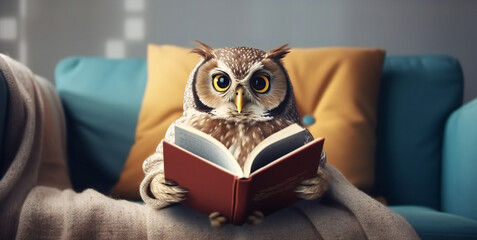 Little cute owl in glasses reading a book. Education and learning concept. Symbol of wisdom and knowledge - obrazy, fototapety, plakaty